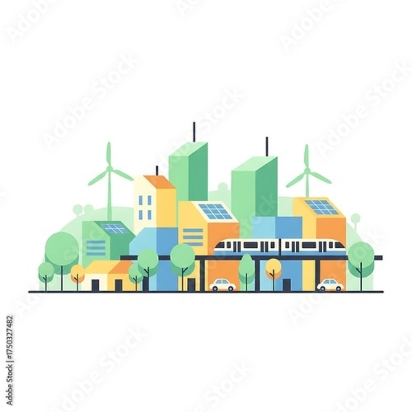 Fototapeta A vibrant illustration of a modern, sustainable city with diverse infrastructure and clean energy solutions. The city showcases a commitment to environmental protection and efficient urban design