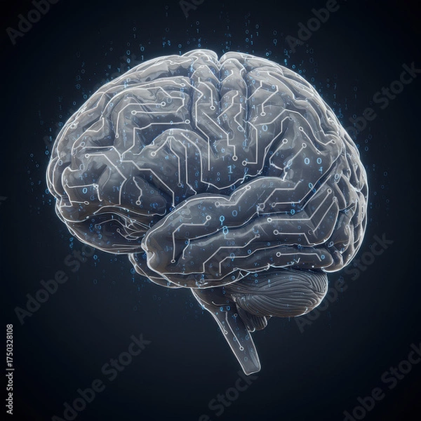 Fototapeta A detailed 3D rendering of a human brain with integrated circuit patterns and glowing blue data points, symbolizing artificial intelligence and advanced technology.