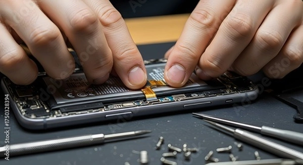 Obraz Close-up of technician's hands carefully repairing a smartphone, showing internal components, tools, and tiny screws on a dark workbench, highlight...