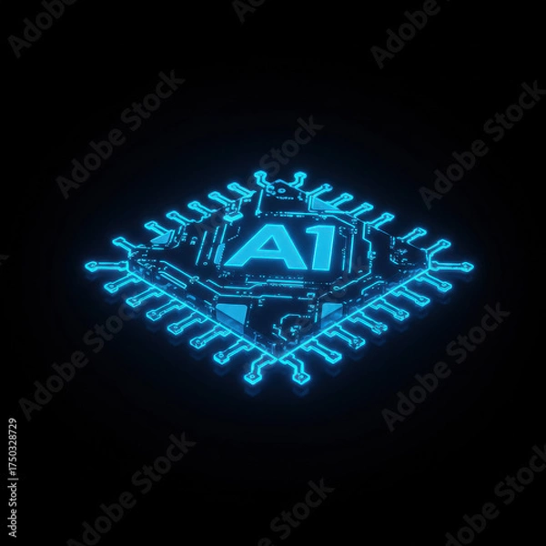 Fototapeta Glowing blue AI chip on a black background.