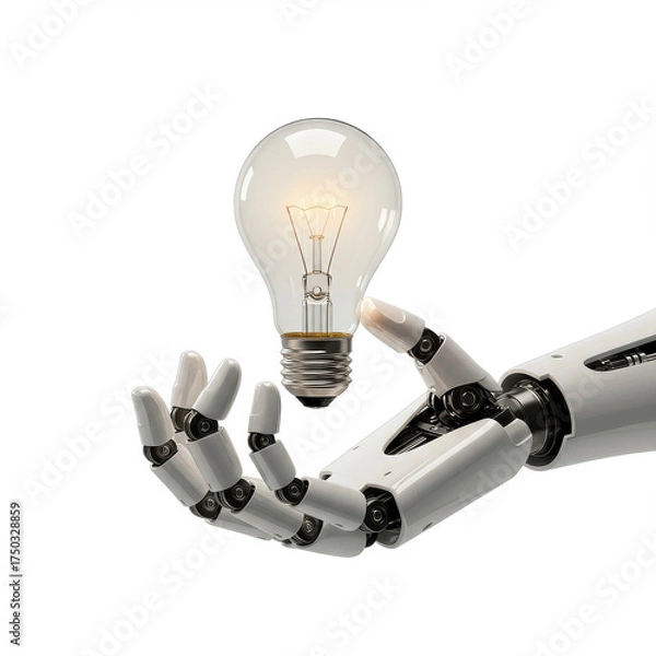 Fototapeta A white robotic hand gently holds a glowing incandescent light bulb, symbolizing innovation and ideas.