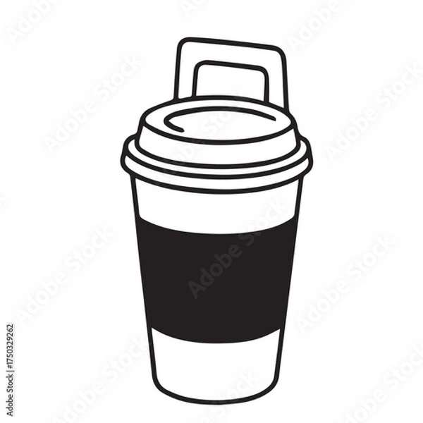 Fototapeta Vector illustration of coffee takeaway packaging, black and white design with clean black outlines, symbolizing modern simplicity, warmth, and elegant beverage presentation style.