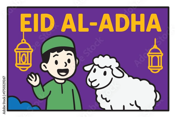 Fototapeta A cute colorful vector cartoon showing a happy little child celebrating Eid al-Adha, surrounded by festive decorations, joy, and cheerful atmosphere.