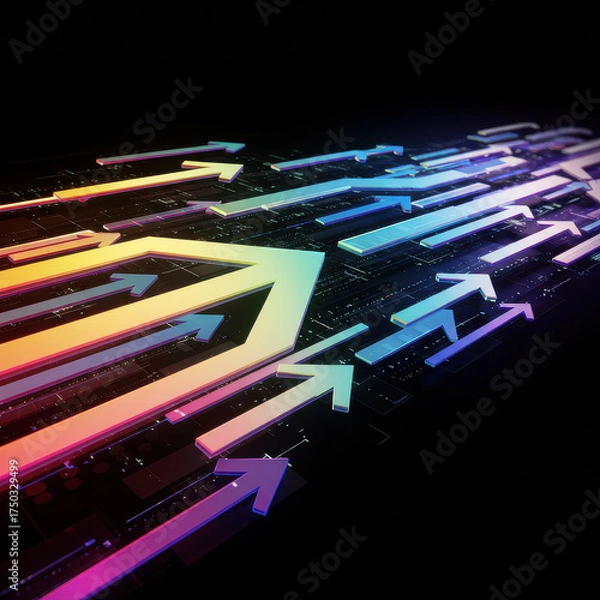 Fototapeta A stream of colorful, glowing arrows moving forward in perspective against a dark background, symbolizing progress and direction.