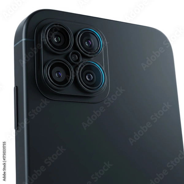 Fototapeta Close-up view of the back of a modern dark smartphone featuring a prominent quad-camera system with four lenses and a matte finish.