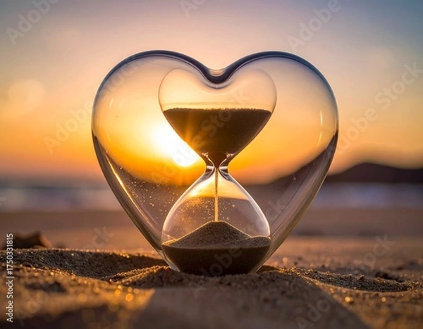 Obraz Time's Embrace: An hourglass, cradled within a heart-shaped glass, captures the fleeting essence of time and love against a warm sunset backdrop.