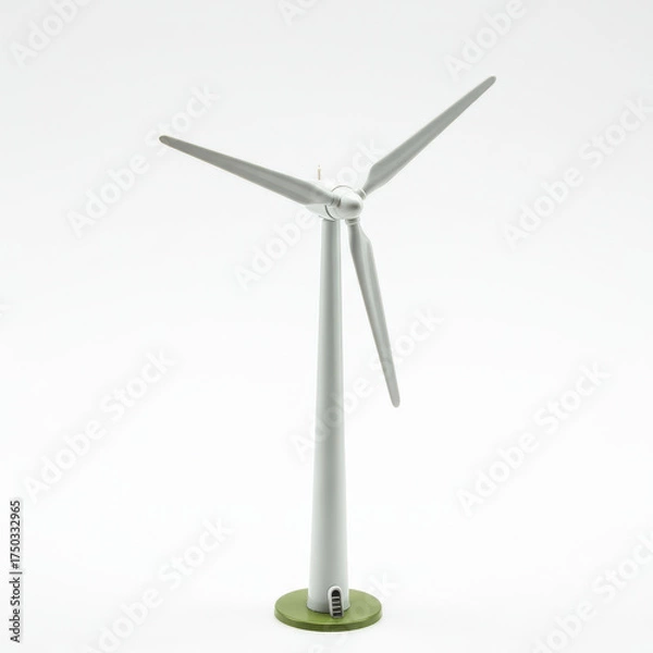 Fototapeta A scale model of a modern three-bladed wind turbine for renewable energy generation, isolated on a white background.