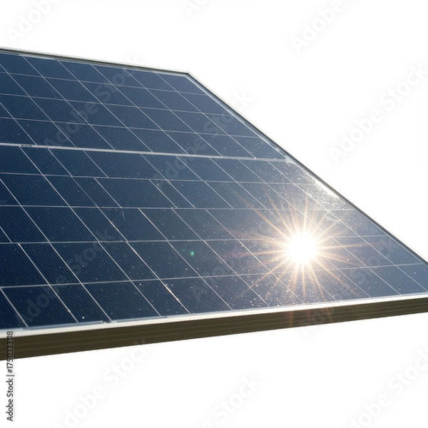 Fototapeta A close-up of a photovoltaic solar panel with the sun's reflection creating a bright starburst effect on a white background.