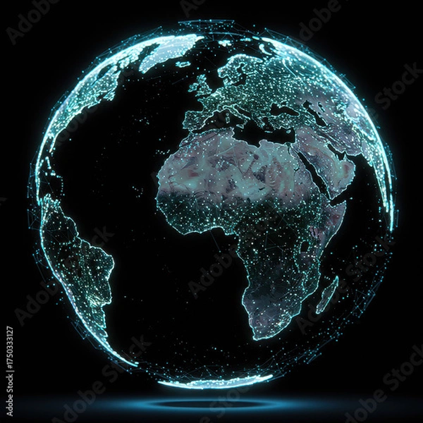 Fototapeta A glowing digital representation of Earth at night, showcasing illuminated continents and a network of data points.