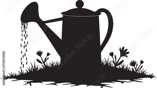 Obraz Black silhouette of a watering can pouring water on grass and flowers