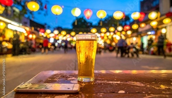 Fototapeta Vietnamese Lager Glass under Colorful Hanoi Lanterns