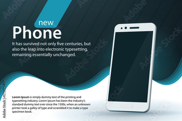 Fototapeta White modern smartphone on a gray background. Sale and discounts banner design. Modern background with a gradient and curved lines. Template for advertising and poster. Vector illustration.