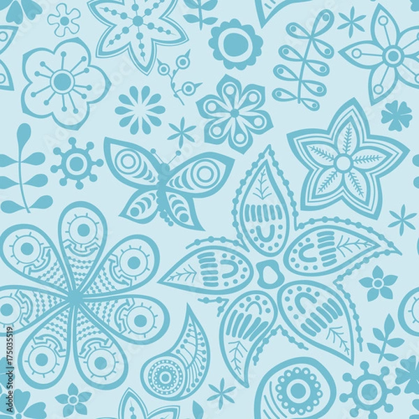 Fototapeta Vector flower pattern. Black and white seamless botanic texture, detailed flowers illustrations. All elements are not cropped and hidden under mask. Doodle style, spring floral background