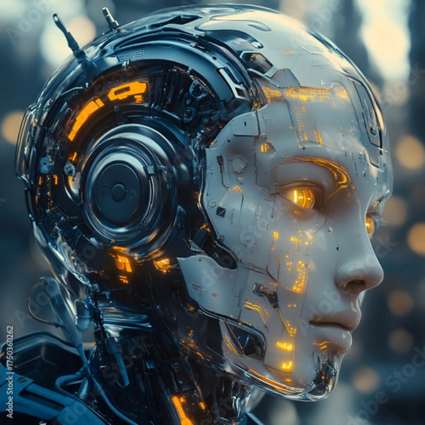 Fototapeta Cyborg Head with Futuristic Design, Futuristic Cyborg Head Design, Cyborg Art and Robotic Head, Artificial Intelligence in Cyborg Design, Cybernetic Head with Futuristic Elements, Robotic Head with AI