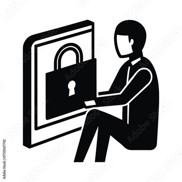 Fototapeta Internet User Entering Secure Password To Protect Account Vector Silhouette On White Background  