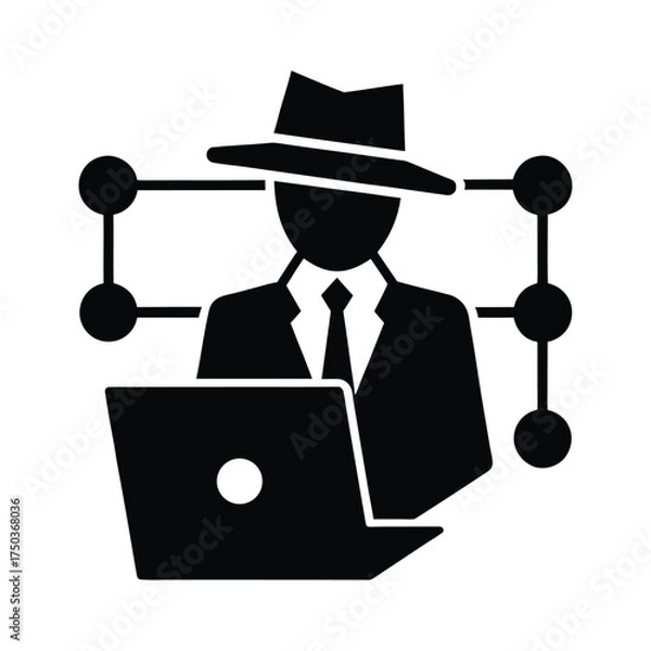 Fototapeta A Cybersecurity Expert Analyzing Network Vector Silhouette On White Background  
