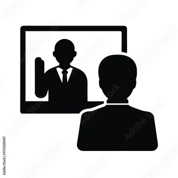 Fototapeta Online Tutor Teaching Students Via Video Call Vector Silhouette On White Background  