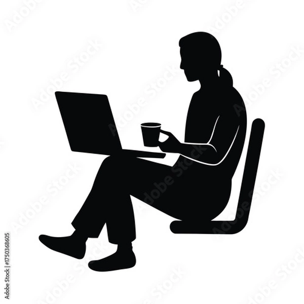 Fototapeta Remote Worker Sitting With Laptop And Coffee Vector Silhouette On White Background  
