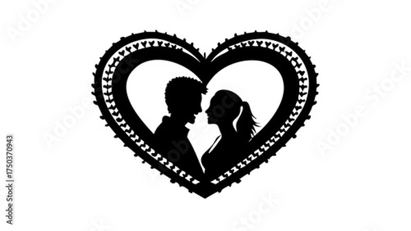 Fototapeta Elegant silhouette of romantic couple embracing within a heart frame, perfect for Valentine's Day designs, wedding invitations, or love-themed creative projects