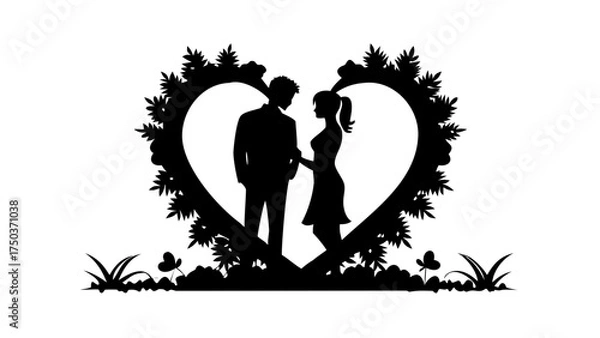 Fototapeta Romantic silhouette of a couple within a heart-shaped floral frame, perfect for Valentine's Day or wedding designs, symbolizing love and togetherness