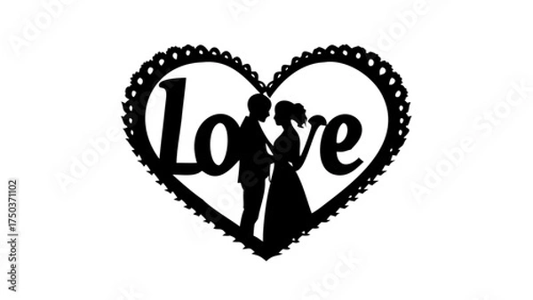 Fototapeta Elegant wedding silhouette inside a heart with the word Love for invitations and decorations, ideal for celebrating romance and eternal commitment