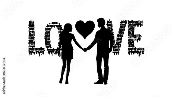Fototapeta Romantic couple holding hands, framed by the word LOVE written with tiny words, symbolizing affection and commitment in a modern, stylish design.