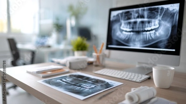 Fototapeta Dental office workspace with x-ray images and computer monitor  