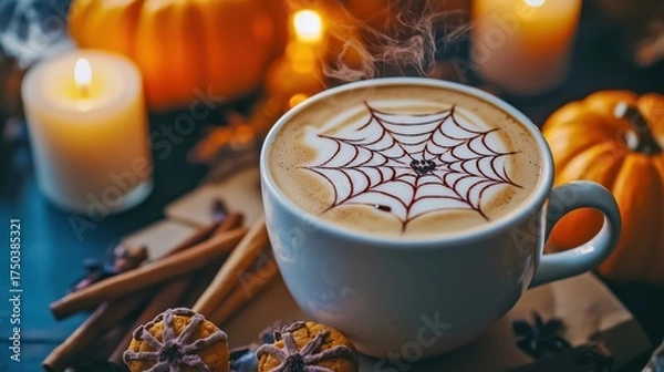Fototapeta Flat lay composition of coffee with spider's net latte art on a table. Halloween celebration