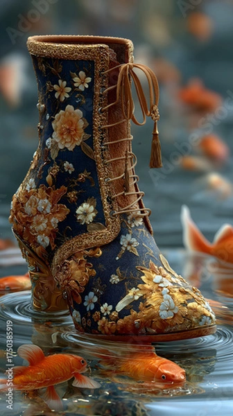 Obraz Sui-Tang Dynasties: Three Teachings Fusion - Taoism: Ye Xian's Tale, Tang-Style Golden Embroidered Shoe, Water Ripples, Koi Fish, Pumpkin Carriage Fragments
