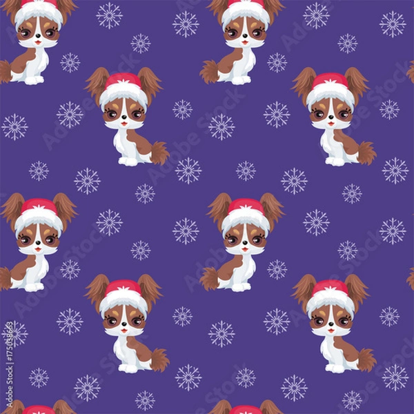Fototapeta Christmas seamless pattern with the image of little cute puppies in the hat of Santa Claus. Children's vector background.

