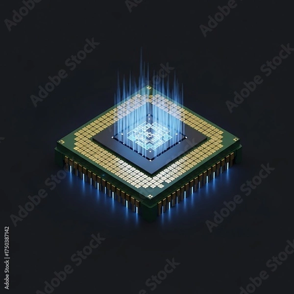 Obraz High-Tech Microchip with Glowing Blue Light Emanating from its Core.