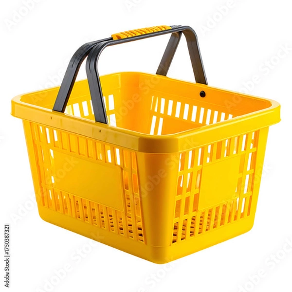 Fototapeta A bright yellow shopping basket with a black handle against a black background, empty