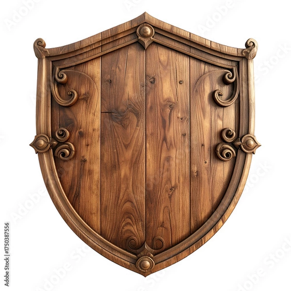 Fototapeta A wooden shield with decorative swirls and accents, showcasing vertical wood grain