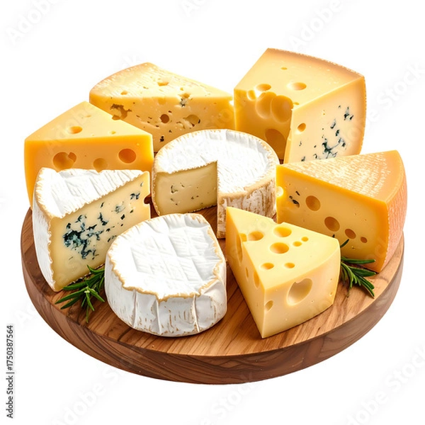 Fototapeta Assortment of cheeses displayed on a wooden board, showcasing different textures and styles