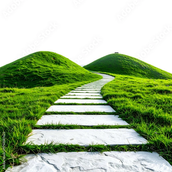 Fototapeta Stone path winds uphill through vibrant green grass and rolling hills against a stark black sky