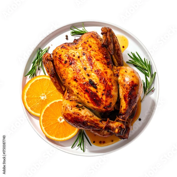 Fototapeta Overhead view of a roasted whole bird on a white plate, orange slices, rosemary garnish