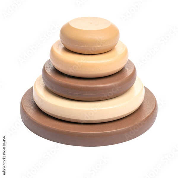 Fototapeta Stacked wooden rings in varying shades of brown and beige, forming a pyramid on black