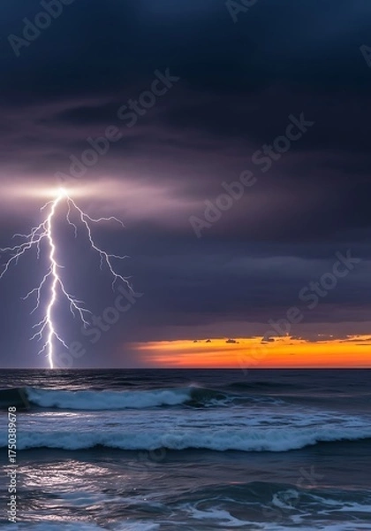 Obraz Dramatic Lightning Strike Over the Ocean at Sunset.