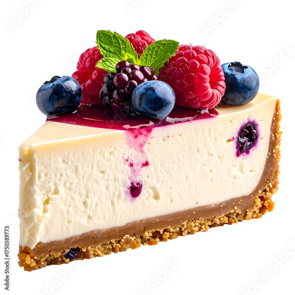 Fototapeta Slice of creamy cheesecake topped with assorted berries and mint leaves