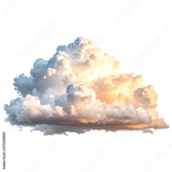 Fototapeta Fluffy cumulus cloud, illuminated from within, set against a black background