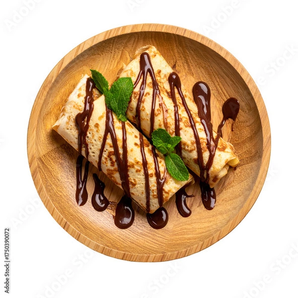 Fototapeta Two rolled crepes drizzled with chocolate sauce and mint, in a wooden bowl on black