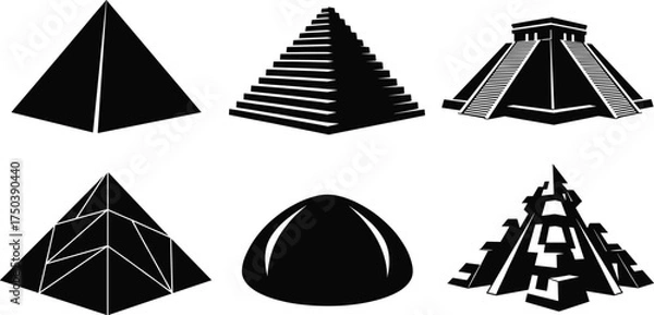 Obraz Pyramid silhouette vector set, ancient architecture, modern design, Mesoamerican temple, Egyptian step pyramid, black and white, cultural building, art