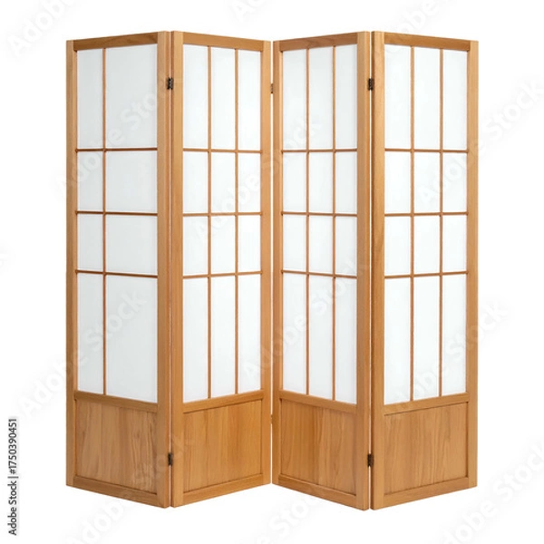 Fototapeta Four-panel, folding room divider made of light wood with translucent paper panels