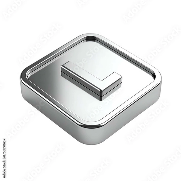 Fototapeta Shiny, silver-metallic, square-shaped button with an "L" raised in the center, on black background