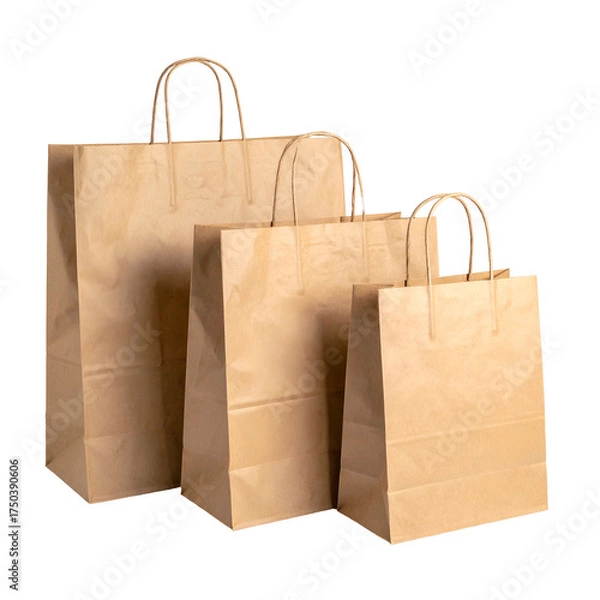 Fototapeta Three brown paper shopping bags of varied sizes, standing upright against a black background