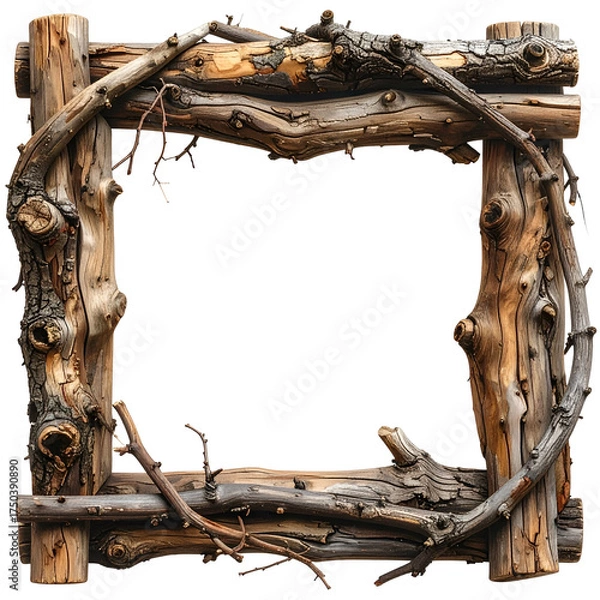 Fototapeta Rustic wooden frame crafted from logs and branches, square shape with a central empty space