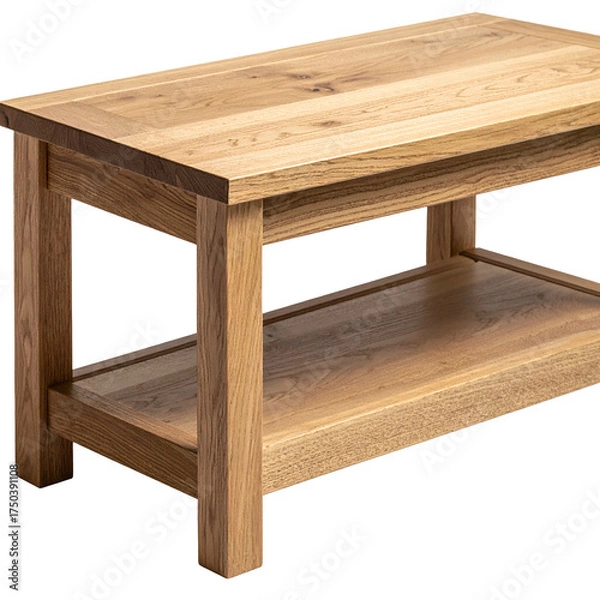 Fototapeta Close-up of a handcrafted wooden coffee table. Features a bottom shelf and sturdy legs