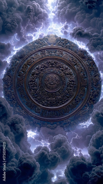 Obraz Sui-Tang Dynasties: Three Teachings Fusion - Taoism: Thunder Magic Seal, Vermilion Seal, Dark Clouds (Spirit Faces), Wooden Tokens, Stormy Sky
