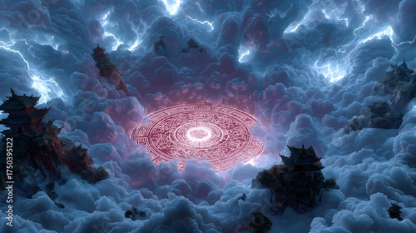 Obraz Sui-Tang Dynasties: Three Teachings Fusion - Taoism: Thunder Magic Seal, Vermilion Seal, Dark Clouds (Spirit Faces), Wooden Tokens, Stormy Sky
