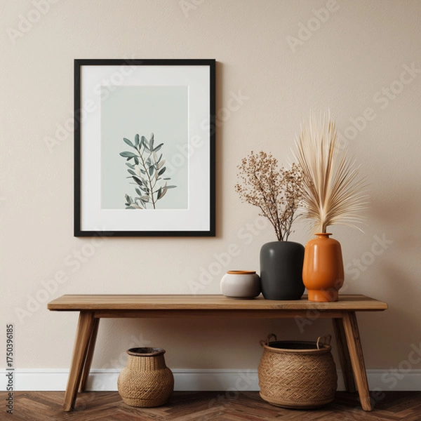 Fototapeta A photo framed in a black frame in the room, with plants and pots on a wooden table for interior 